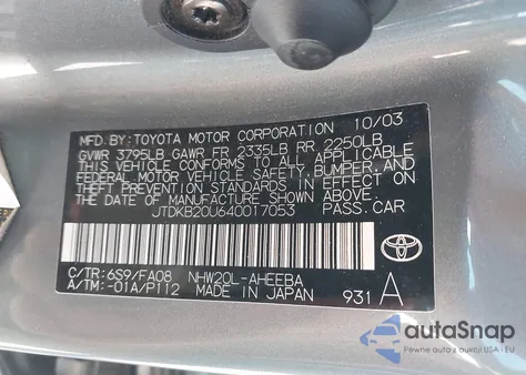 2004 Toyota Prius из США, поврежденный, VIN JTDKB20U640017053